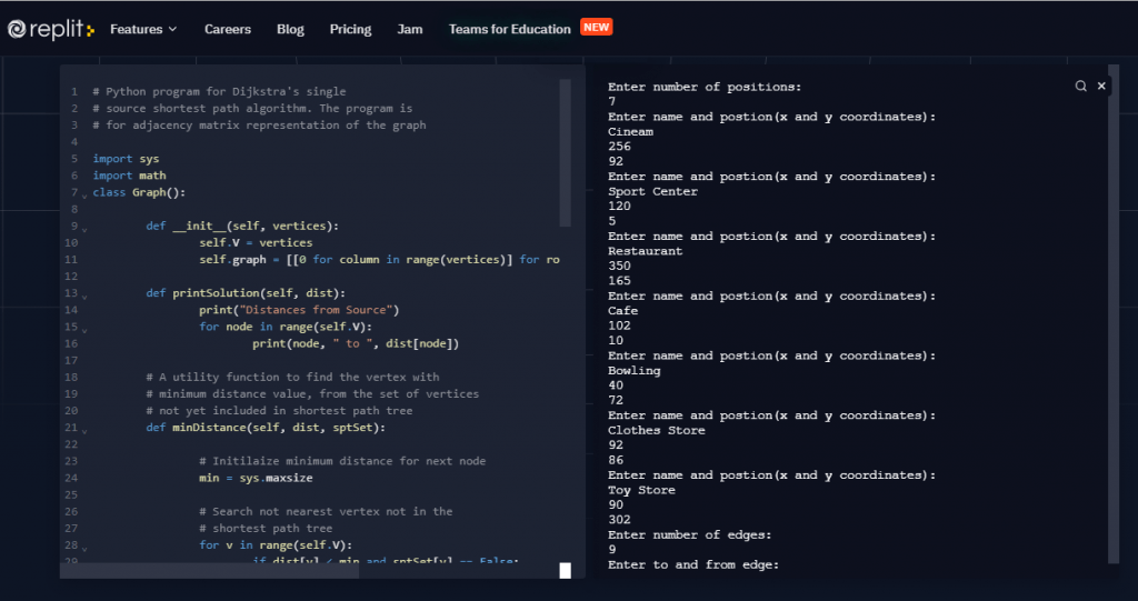 Write a program in a mall that will enable customers to reach the store they want to go to in the shortest way. The coordinates of the some important stores in the mall are given below.