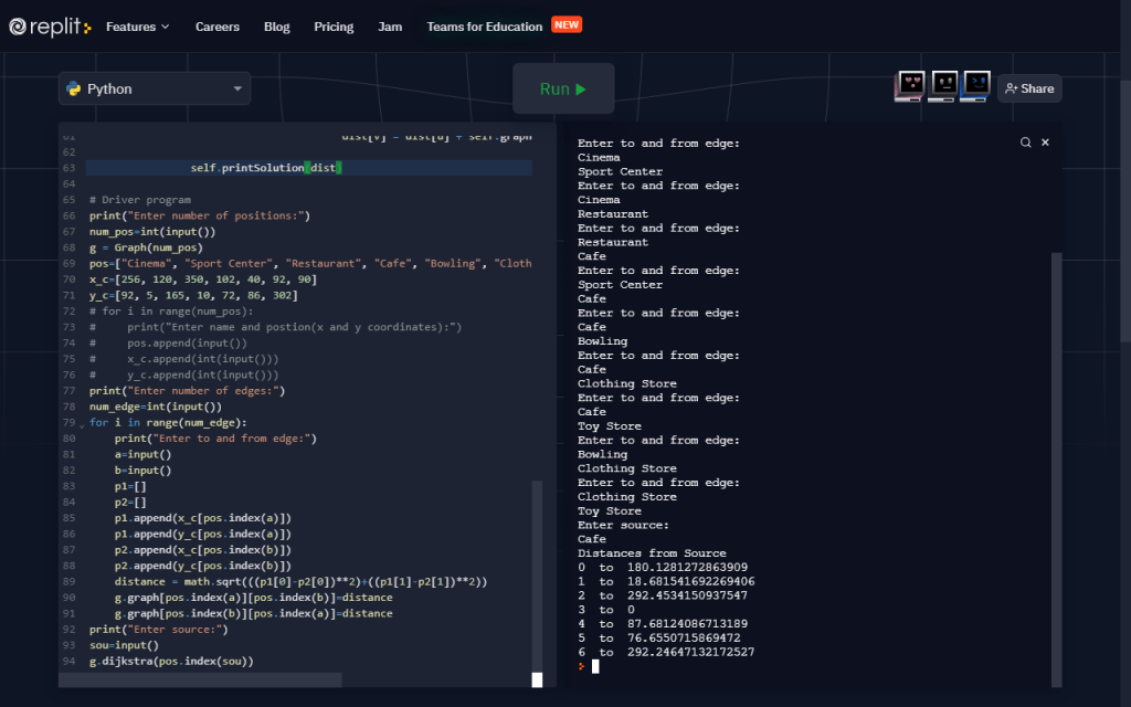 Write a program in a mall that will enable customers to reach the store they want to go to in the shortest way. The coordinates of the some important stores in the mall are given below