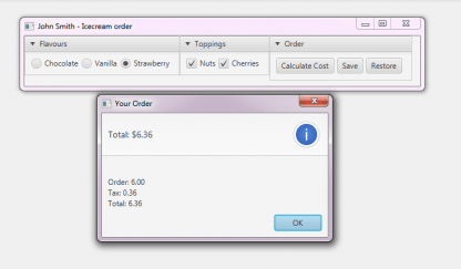 Create a JavaFX GUI application named IceCreamOrder that helps you to determine the cost of one ice cream order. The application should have the following appearance when first started (note that chocolate is selected by default):