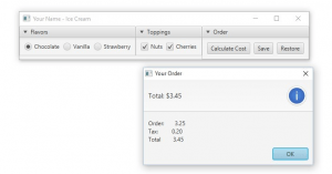 Create a JavaFX GUI application named IceCreamOrder that helps you to determine the cost of one ice cream order.