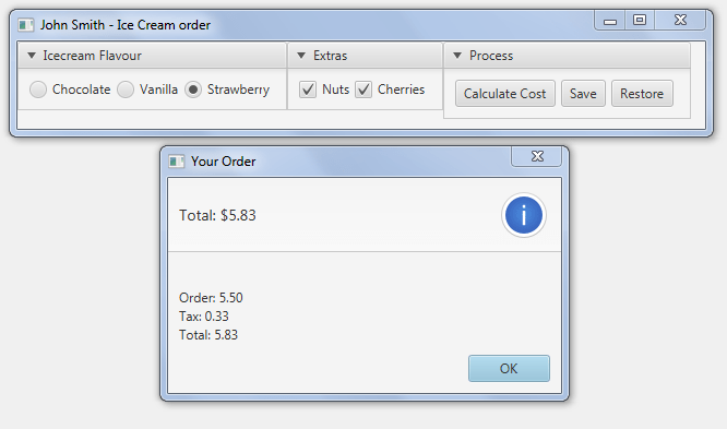Ice Cream Order Program |Using JavaFX, create a Java GUI class named IceCreamOrder that helps you to determine the cost of one ice cream order | Ice Cream Order JavaFX Program