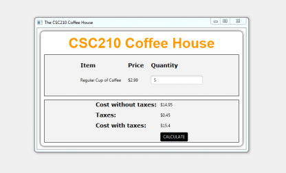 Write a javaFX program that lets the user process the sales of one type of coffee at your store. The program should have a title called “CSC210 Coffee House”.