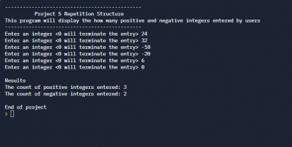 Write a program that will display the how many positive and negative integers entered by users