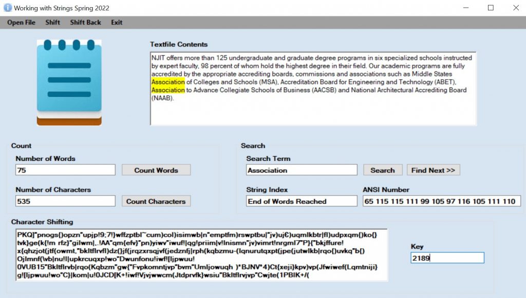 Develop a Windows Forms app to analyze, search, and shift the content of strings. Strings to be evaluated are to be either imported from a sequential text file or by entering text into a Rich Textbox control.