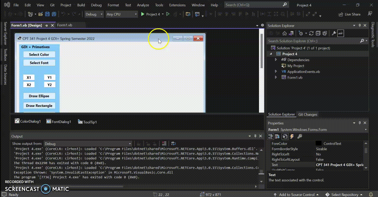 Using the GDI+ classes presented in the notes, develop a Visual Basic Windows application that will display graphics primitives including rectangles (rectangle, hatch, and gradient brushes), ellipses, Bezier curves, and text, directly to the Windows Form.