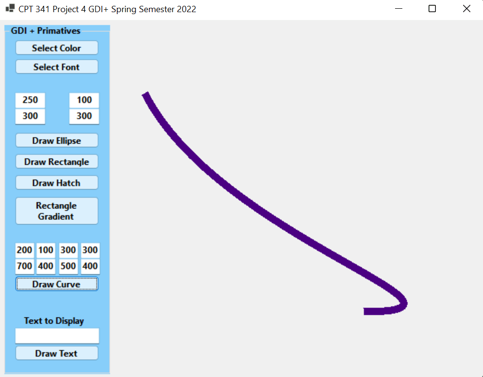 Using the GDI+ classes presented in the notes, develop a Visual Basic Windows application that will display graphics primitives including rectangles (rectangle, hatch, and gradient brushes), ellipses, Bezier curves, and text, directly to the Windows Form.