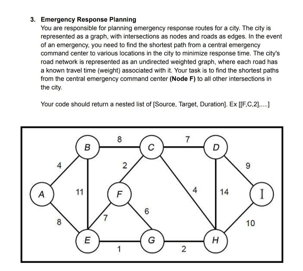 Emergency Response Planning You are responsible for planning emergency response routes for a city. The city is represented as a graph, with intersections as nodes and roads as edges. In the event of an emergency, you need to find the shortest path from a central emergency command center to various locations in the city to minimize response time. The city's road network is represented as an undirected weighted graph, where each road has a known travel time (weight) associated with it. Your task is to find the shortest paths from the central emergency command center (Node F) to all other intersections in the city. Your code should return a nested list of [Source, Target, Duration]. Example: [[F, C, 2]]