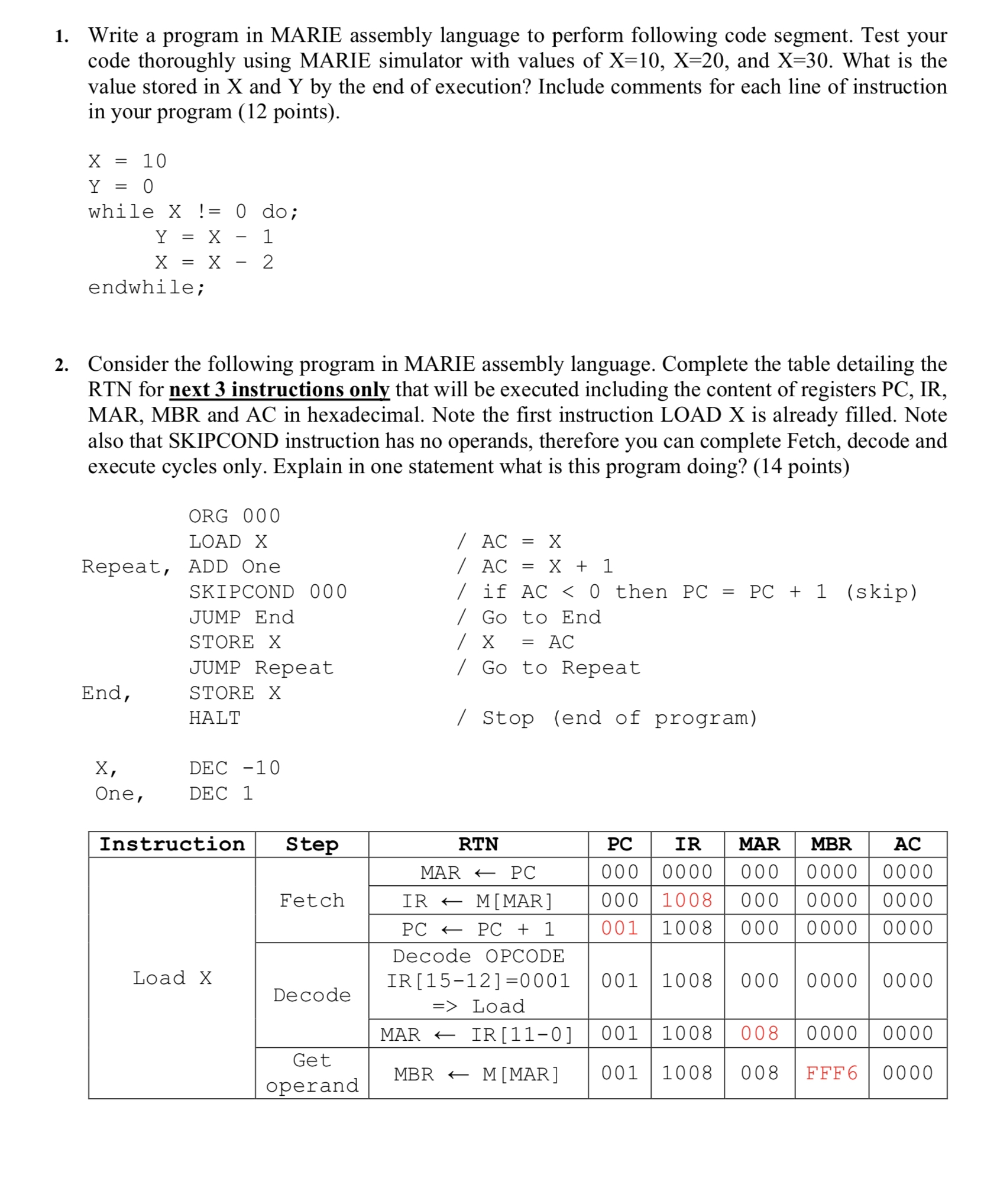 1. Write a program in MARIE assembly language to perform the following code segment. Test your code thoroughly using the MARIE simulator with values of X=10, X=20, and X=30. What is the value stored in X and Y by the end of execution? Include comments for each line of instruction in your program (12 points). X=10 Y=0 while X!=0 do Y=X X=X-1 endwhile while X!=0 do Y=X X=X-1 endwhile 2. Consider the following program in MARIE assembly language. Complete the table detailing the RTN for the next 3 instructions only that will be executed including the content of registers PC, IR, MAR, MBR, and AC in hexadecimal. Note the first instruction LOAD X is already filled. Note also that the SKIPCOND instruction has no operands, therefore you can complete Fetch, decode and execute cycles only. Explain in one statement what this program is doing (14 points). ORG 000 LOAD X ; AC = X Repeat, ADD One ; AC = X + 1 SKIPCOND 000 ; if AC < 0 then PC = PC + 1 (skip) JUMP End ; Go to End STORE X ; X = AC JUMP Repeat ; Go to Repeat End, STORE X ; Stop (end of program) This program is incrementing the value of X by 1 repeatedly until the value in AC becomes negative. 3. Assume a main memory has the following hex values in the first two bytes: Byte 0: 8F Byte 1: 0F What is the actual decimal value stored in these bytes, assuming they are in 16-bit 2's complement representation and the machine is using: a) Big endian memory b) Little endian memory (4 points) a) In big endian memory, the byte order is reversed. So, the actual decimal value stored in these bytes would be -7. b) In little endian memory, the byte order remains the same. So, the actual decimal value stored in these bytes would be 36655. 4. Consider the assembly program (in MARIE) below and the corresponding memory address for each instruction. Show the symbol table that will be constructed by the assembler after the first pass including the translated program, then fill in the final machine code produced by the assembler after the second pass. Fill in the given tables using HEX numbers for instructions and addresses. (10 points) [Symbol Table] LOAD 0100 ADD 0101 STORE 0110 SUBT 0111 JUMP 1000 Dec1 0001 [First Pass] 0100 LOAD X ; Load value at address X to AC 0101 ADD Y ; Add value at address Y to AC 0110 STORE Z ; Store value in AC to address Z 0111 SUBT X ; Subtract value at address X from AC 1000 JUMP Z ; Jump to address Z [Second Pass] 0100 1005 ; Load X 0101 5006 ; Add Y 0110 210B ; Store Z 0111 1015 ; Subtract X 1000 4010 ; Jump Z